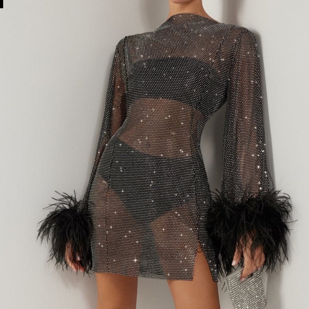 HEIRESS BLACK CRYSTAL EMBELLISHED MESH MINI DRESS